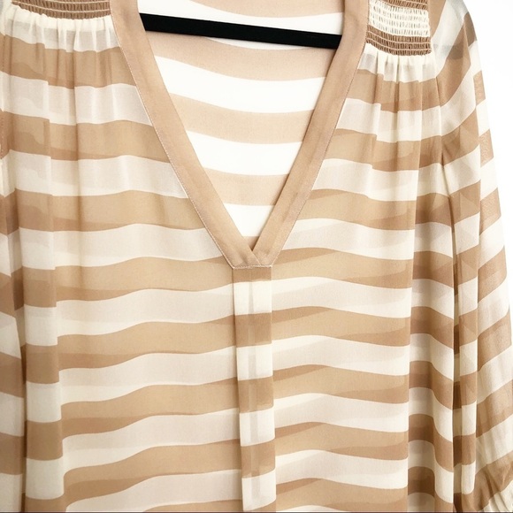 JOIE Aceline Tan/Cream silk striped v neck sheer blouse - Picture 3 of 9